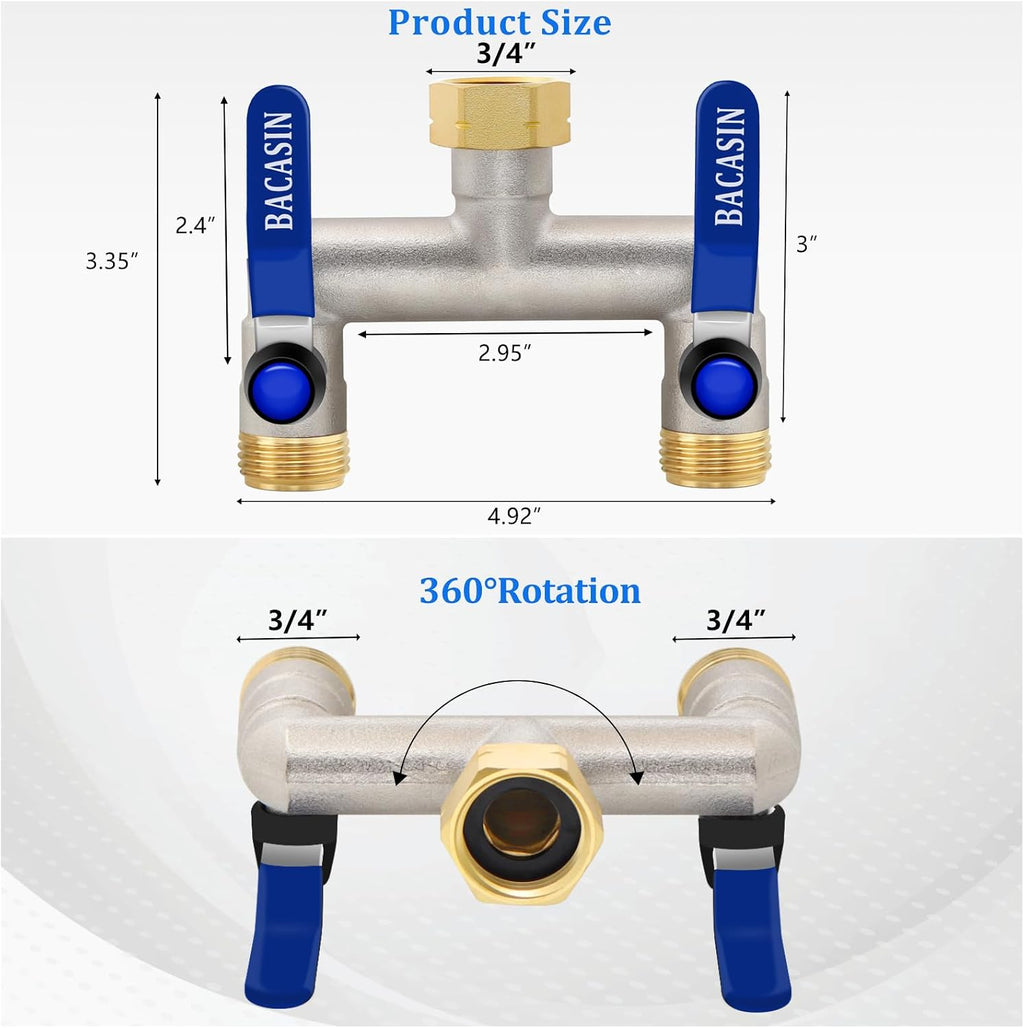 Brass Garden Hose Splitter 2-Way Heavy Duty - 3/4" GHT Threads with 2×304 Stainless Steel Handles, High Flow Design for