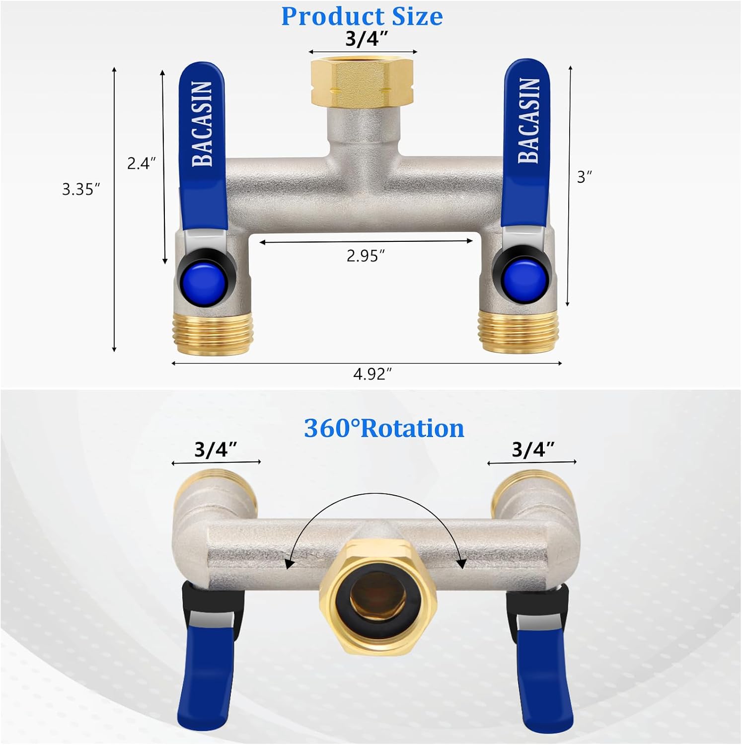 Brass Garden Hose Splitter 2-Way Heavy Duty - 3/4" GHT Threads with 2×304 Stainless Steel Handles, High Flow Design for