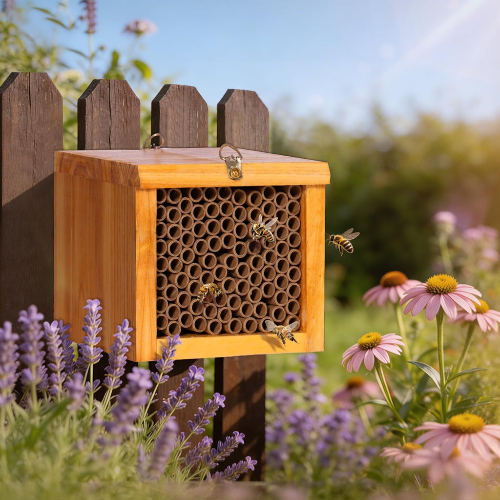 Mason Bee House - Wax Coated Bee Hotel for the Garden, Natural Handmade Wooden bee Home, Mason Bee Home for Outdoors