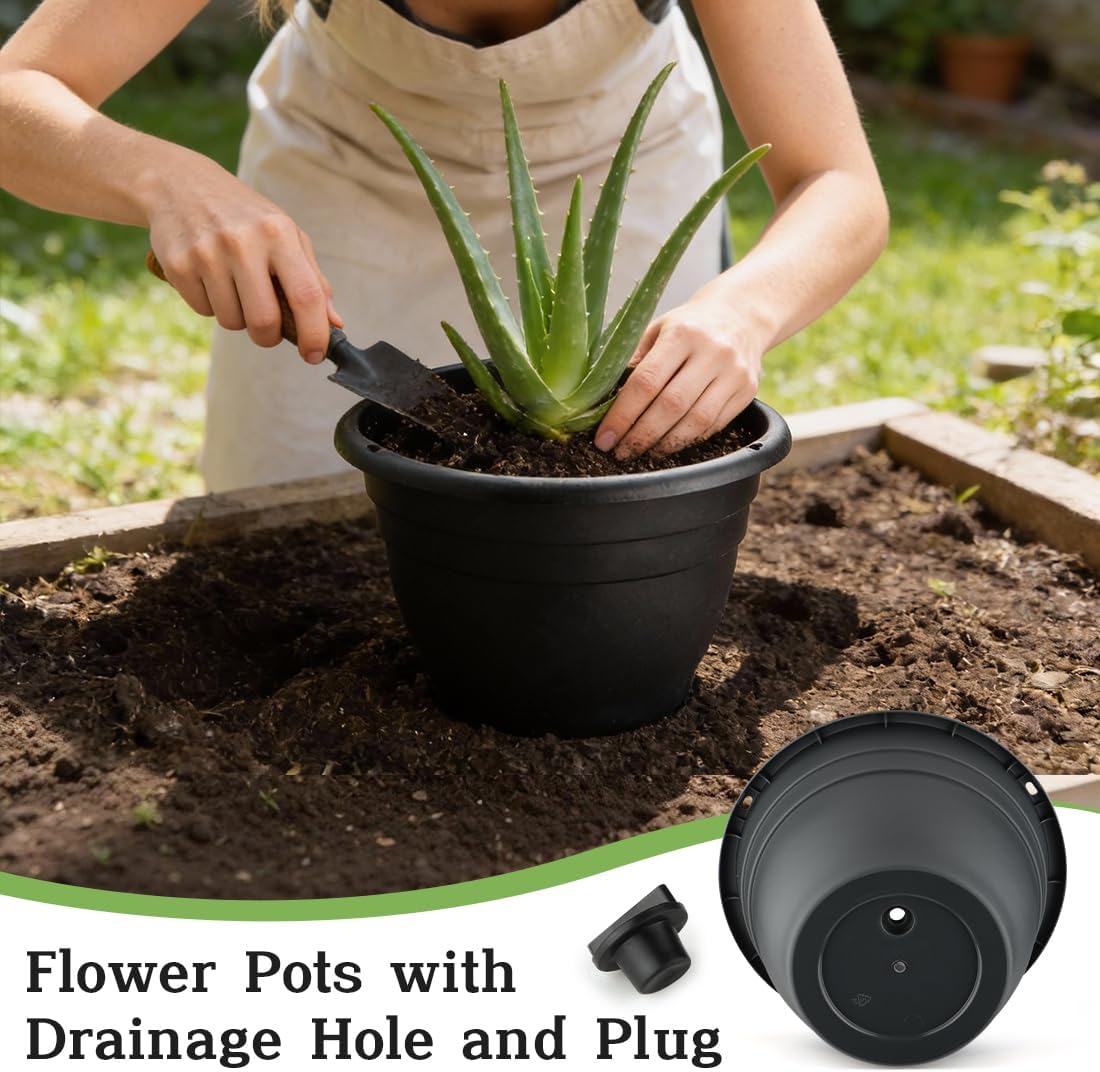 RooTrimmer 15 Pack 11 Inch Plant Pots with Drainage Holes,Black Plastic Flower Pots with Hanging Holes,Durable Planters