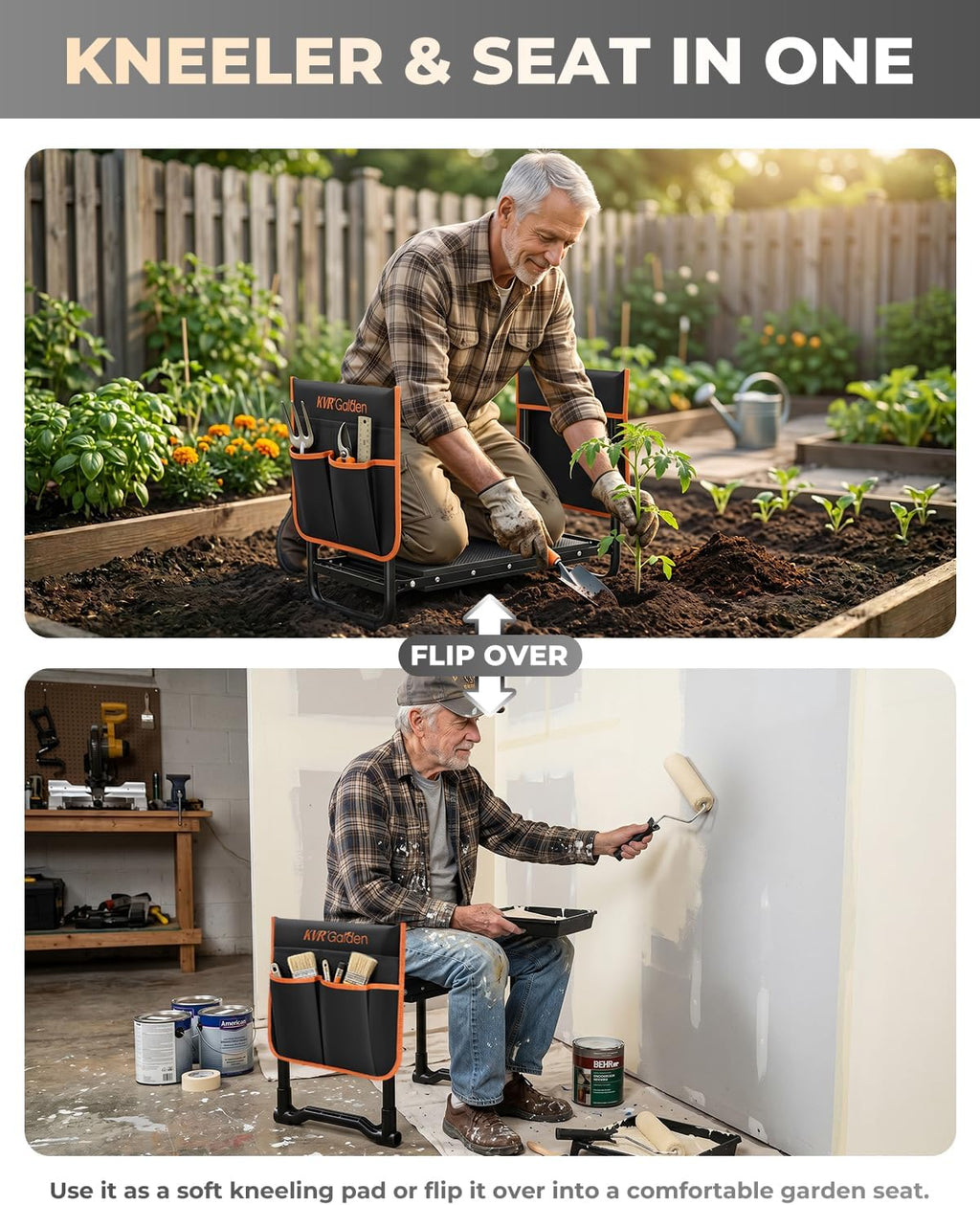 KVR Garden Kneeler and Seat with 2 Tool Pouches, Heavy Duty Foldable Gardening Stool, Portable Bench with Thick EVA
