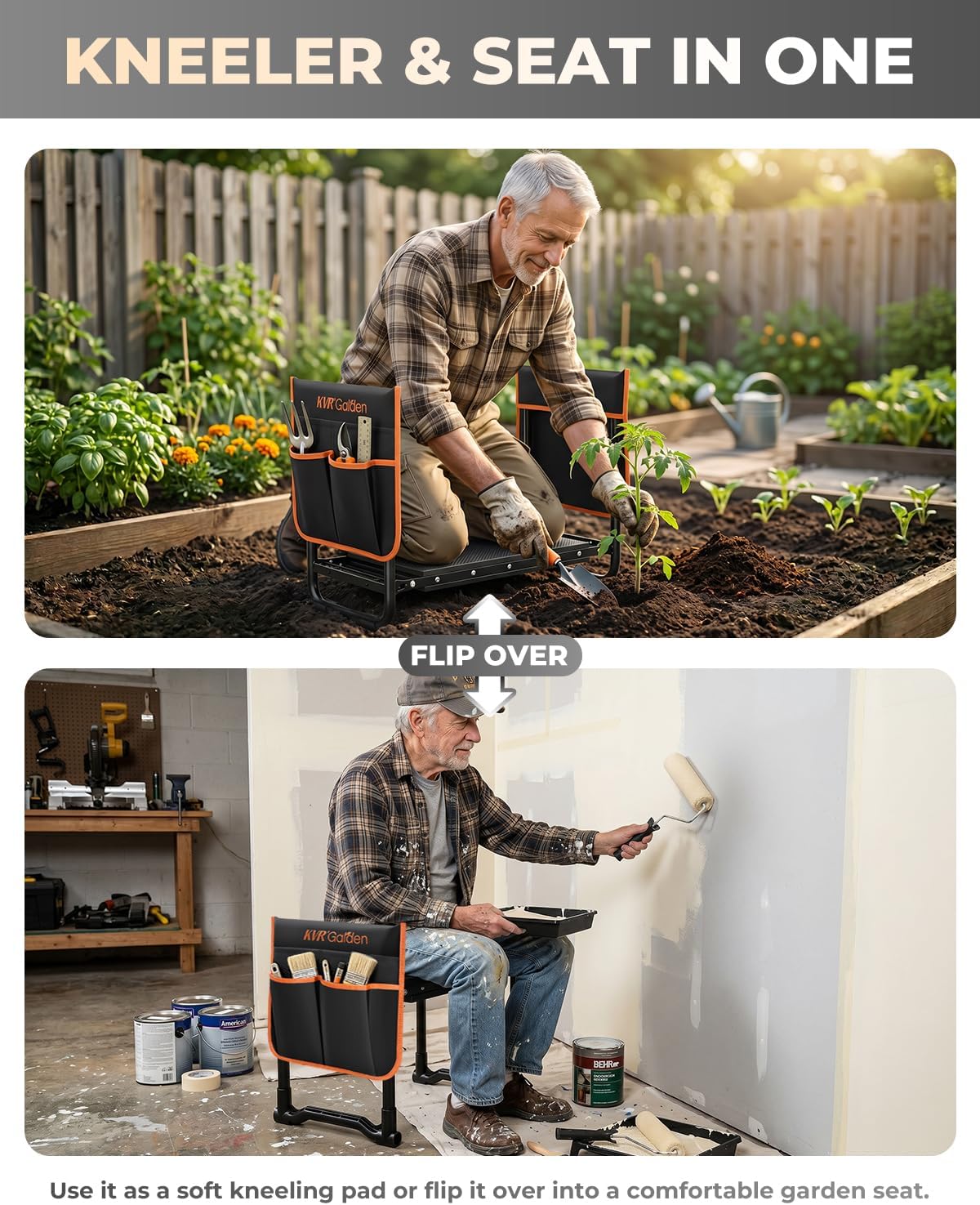 KVR Garden Kneeler and Seat with 2 Tool Pouches, Heavy Duty Foldable Gardening Stool, Portable Bench with Thick EVA