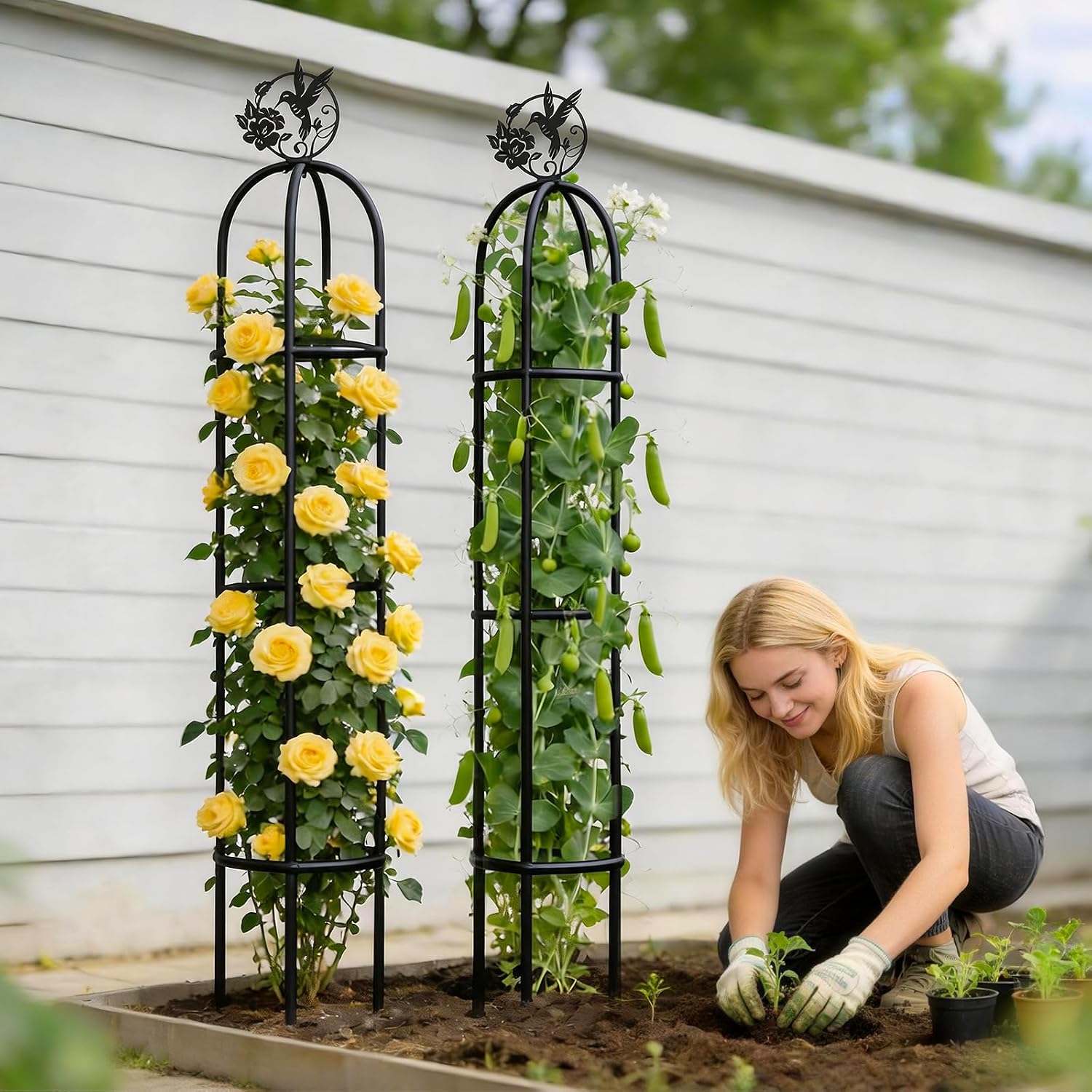 Elegant Outdoor Garden Trellis for Climbing Plants with Premium 100% Metal | Floral Bird Topper 5.9ft Tall, 7.7lbs