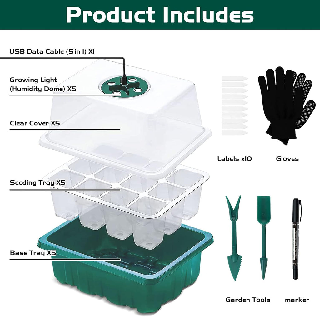 Seed Starter Tray Kit with Grow Light, 5 Pack Plant Seed Tray Kit with Humidity Domes and 3.9" Height Covers, Indoor