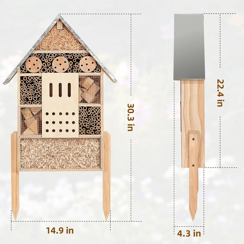 antiai Extra Large Wooden Insect House with Stakes,Wood Mason Bee Butterfly House,Insect Hotel,an Outdoor Bamboo