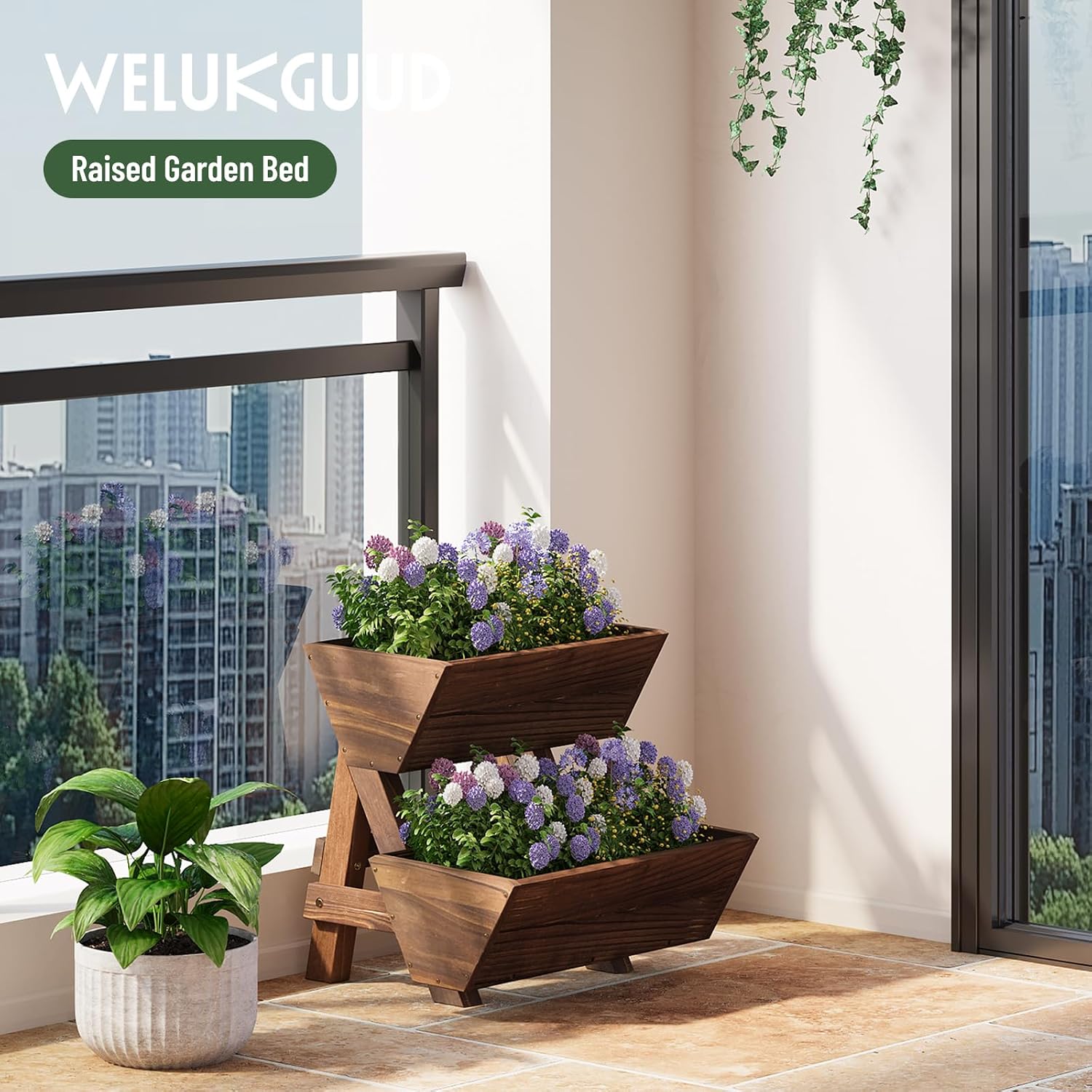 2-Tier Vertical Wooden Raised Garden Bed, Garden Planter Box,Carbonized | Freestanding Wood Flower Rack, Planter Box