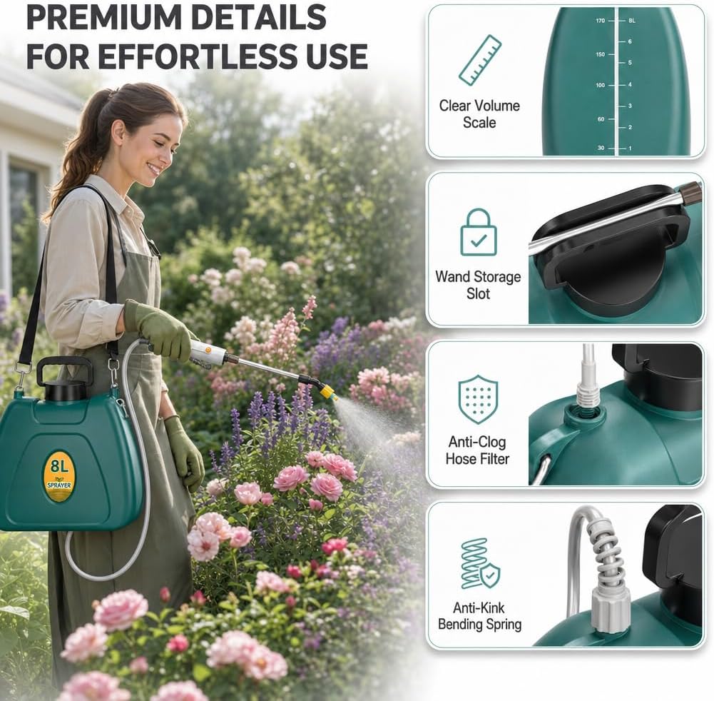2 Gallon Battery Powered Sprayer, Electric Pump for Weed Killing & Fertilizing, 5 Nozzles, 2500mAh Rechargeable Garden