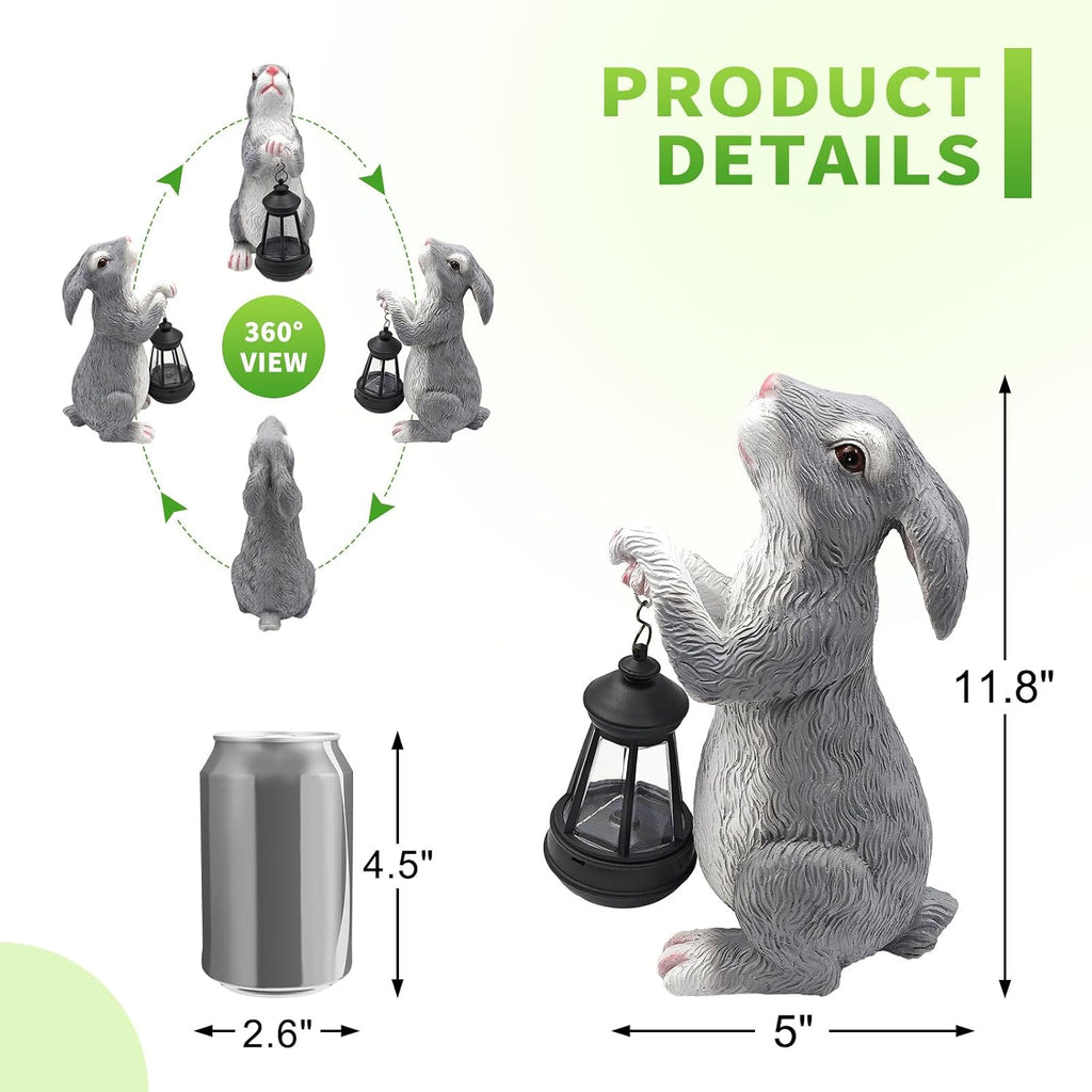 11.8 Inch Solar Rabbit Statue with Glowing Lantern, Handcrafted Resin Easter Bunny Figurine, Waterproof Outdoor Garden