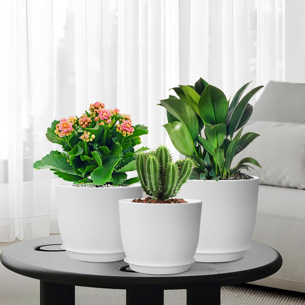 WSMKSZ 10/9/8 inch Medium Flower Pots, 3 Pack Modern Decorative Plastic Planters with Drainage Holes and Tray, Plant