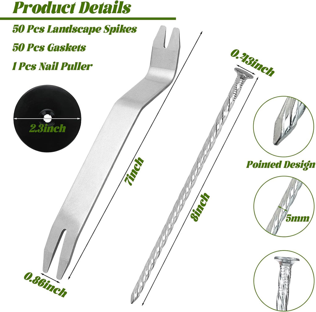 50 Sets Landscape Fabric Stakes with Gaskets 8 Inch Galvanized Spiral Turf Nails for Artificial Grass Garden