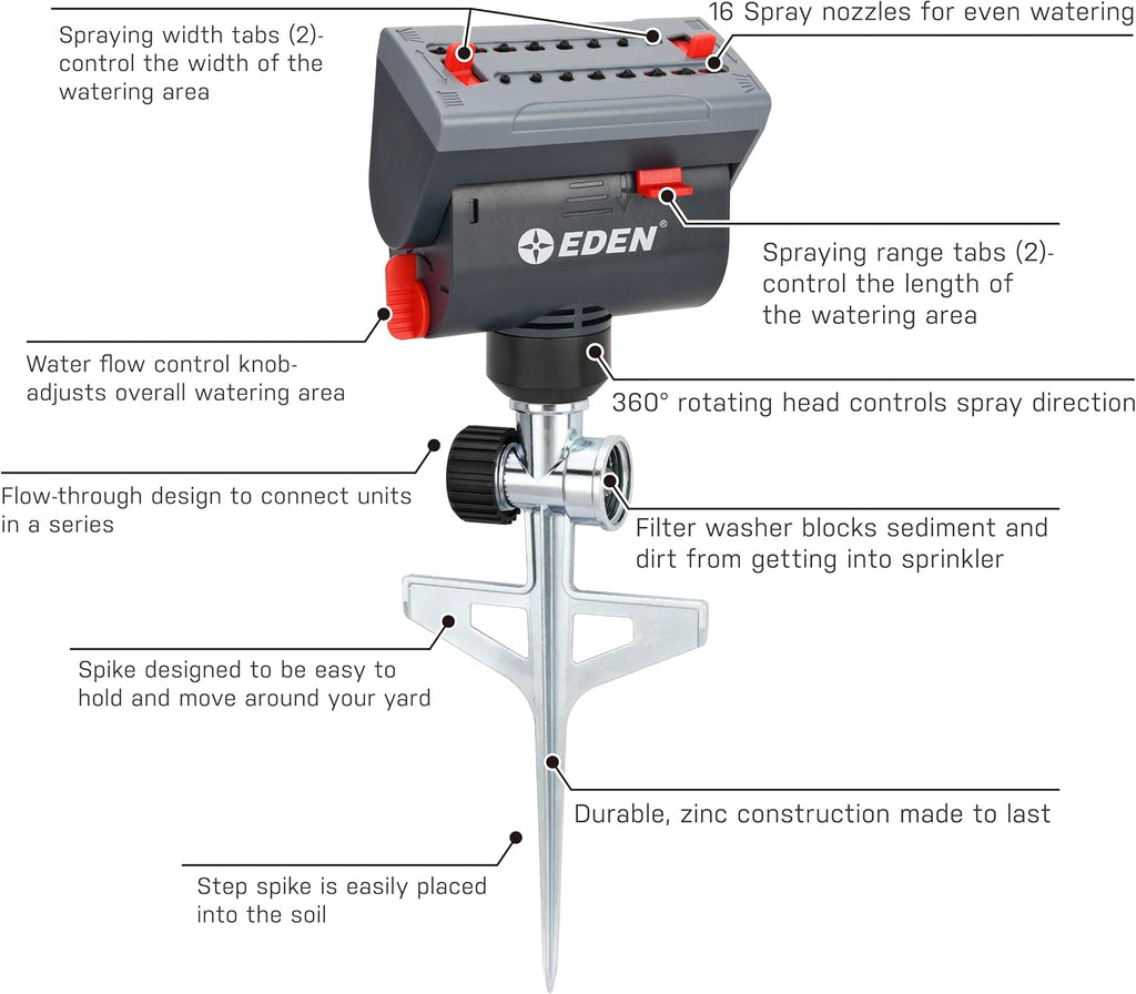 Eden 94145 4-Way Adjustable Mini Turbo Oscillating Sprinkler with Step Spike Gear Drive, Heavy Duty, Gardening Watering