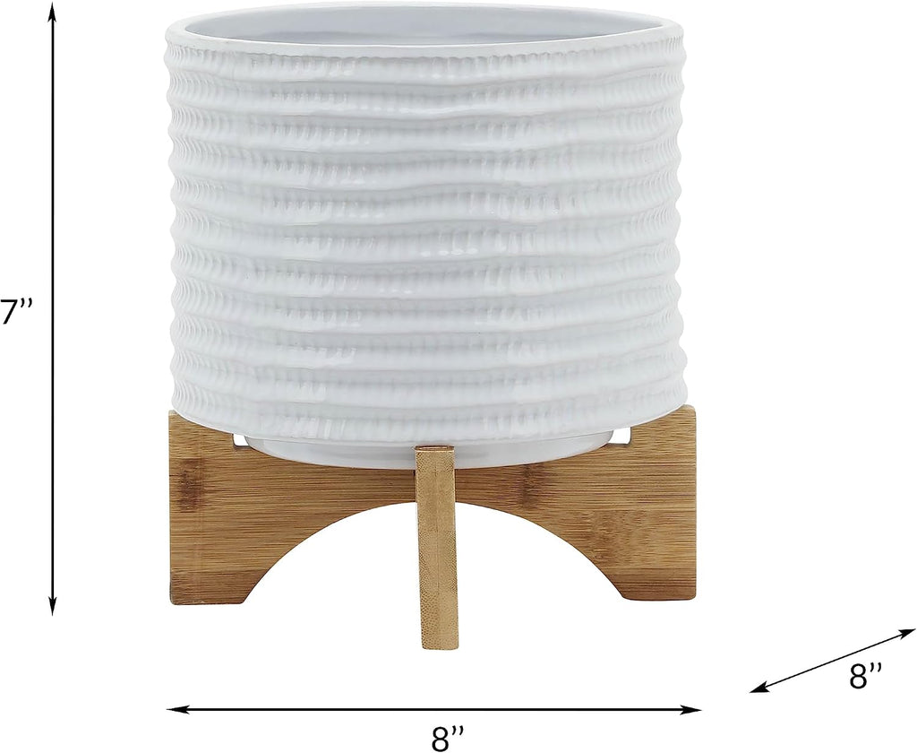 Ceramic Planter with Bamboo Stand – Modern Home Decor Indoor Plant Pot with Textured Stoneware Design – Decorative