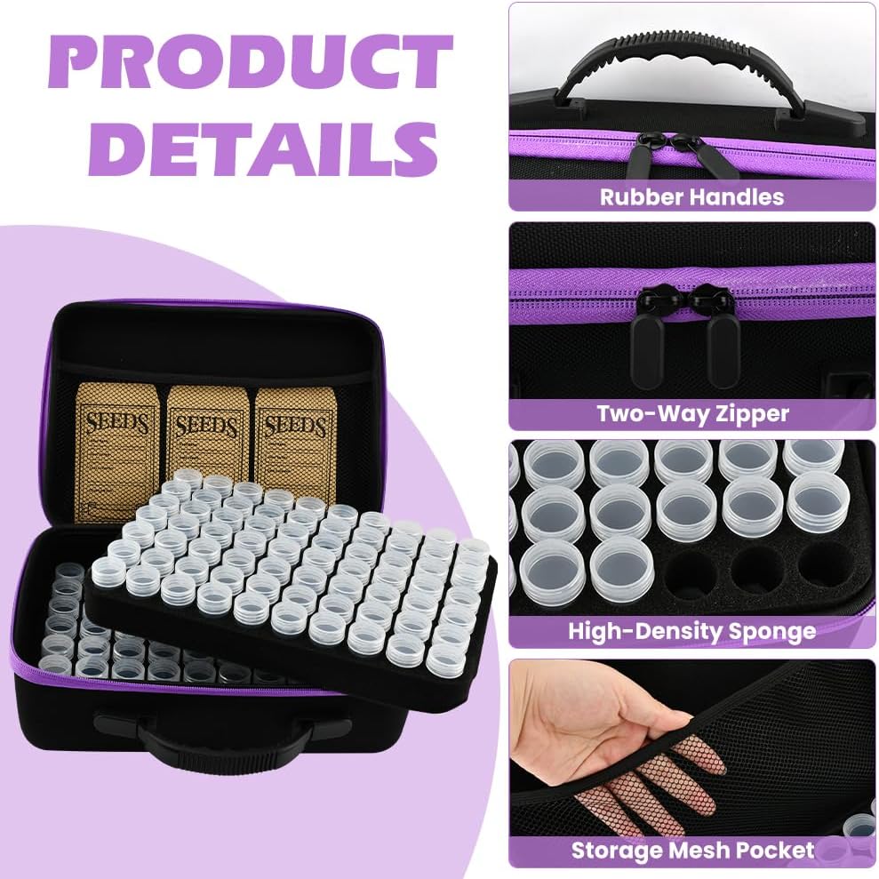 Seed Storage Organizer Box with 140 Slots and Plastic Bottles, Portable Garden Seed Vault Kit with