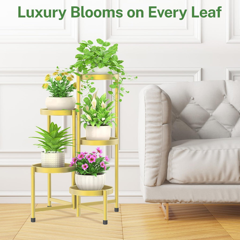 iDavosic.ly Plant Stand Indoor Outdoor, 5 Tier Metal Corner Shelf, Gold | Tiered Flower Display Holder, Folding Multi