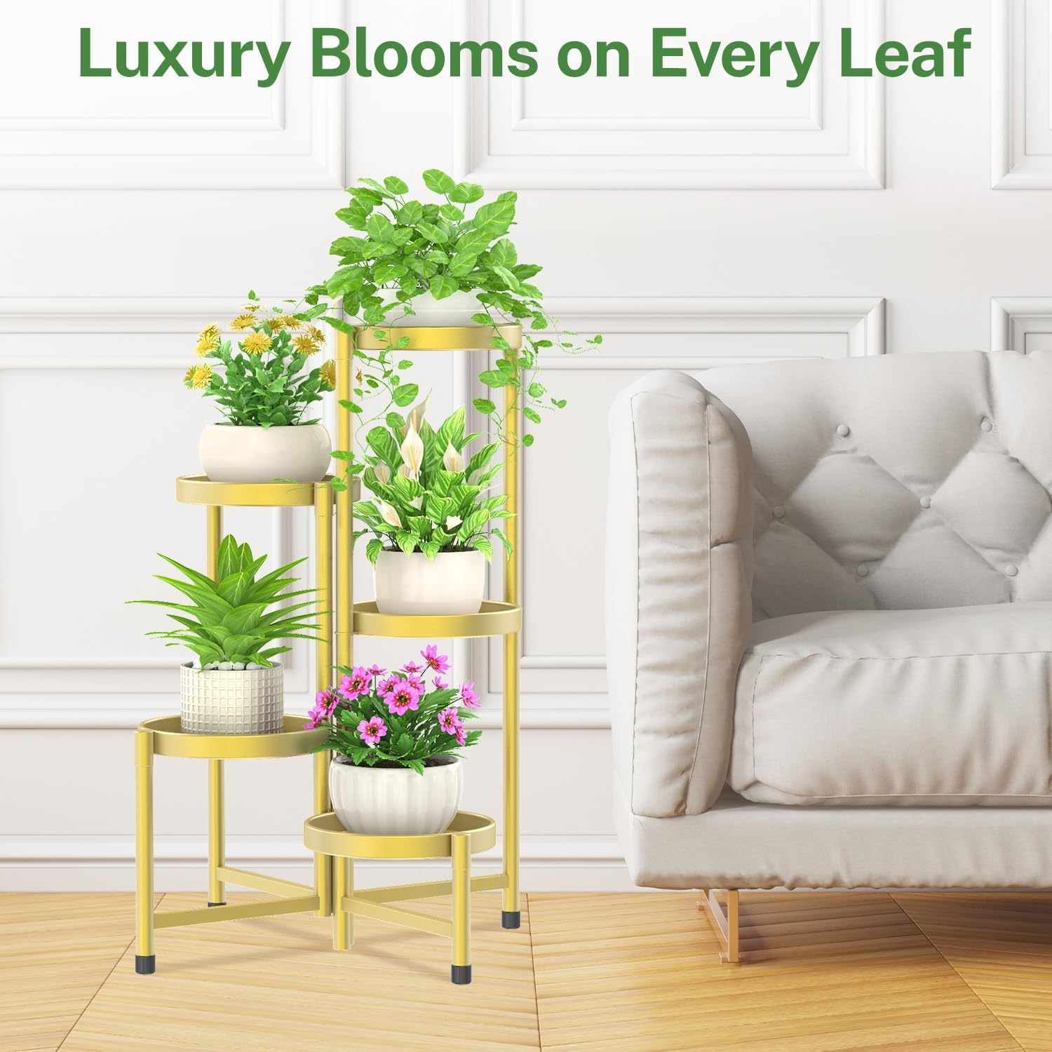 iDavosic.ly Plant Stand Indoor Outdoor, 5 Tier Metal Corner Shelf, Gold | Tiered Flower Display Holder, Folding Multi