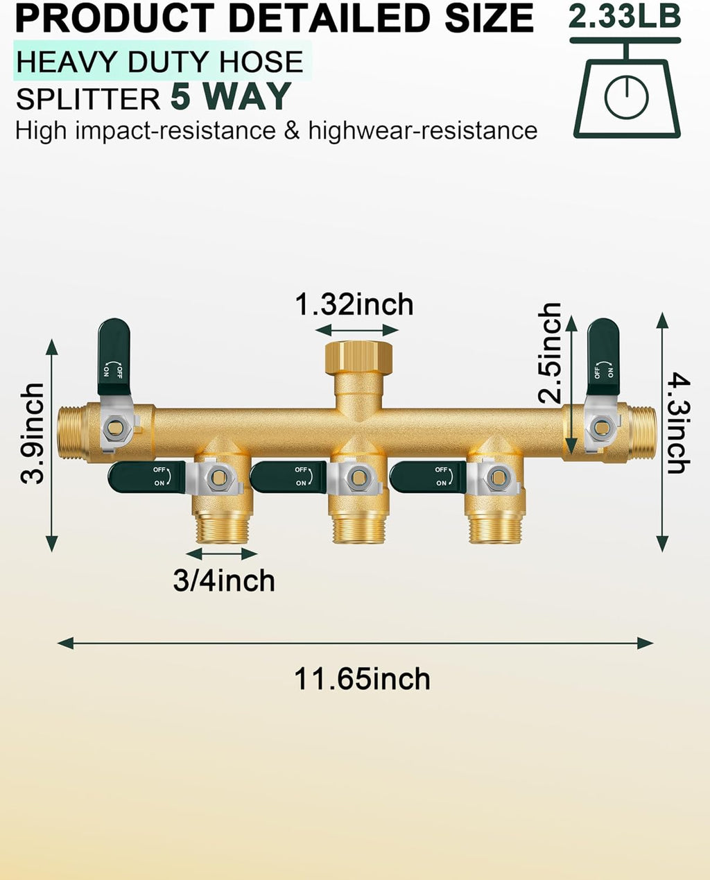 EBH Garden Hose Splitter 5 Way, Heavy Duty Solid Brass Hose Splitter with Shutoff Valves, Water Spigot Splitter With