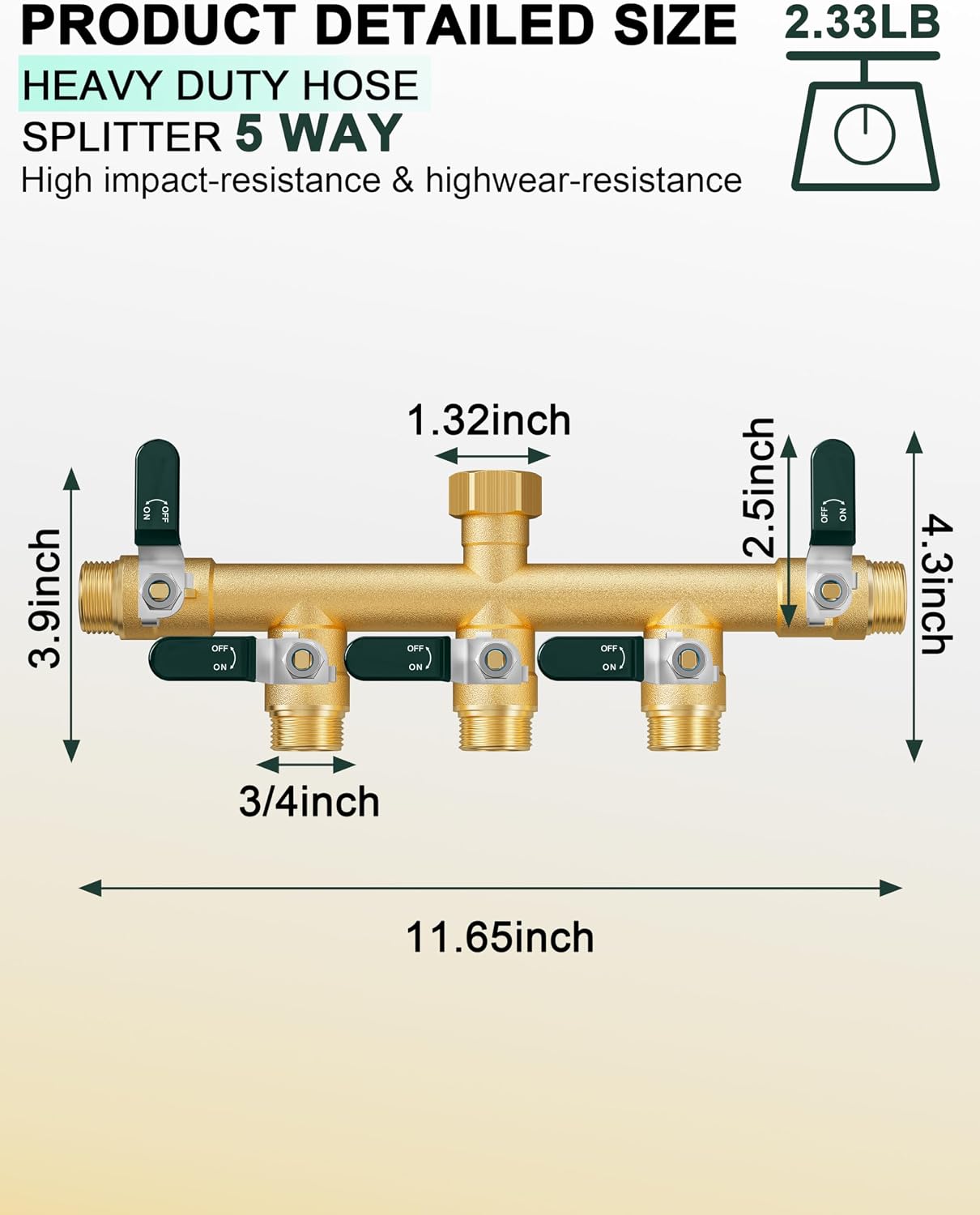 EBH Garden Hose Splitter 5 Way, Heavy Duty Solid Brass Hose Splitter with Shutoff Valves, Water Spigot Splitter With