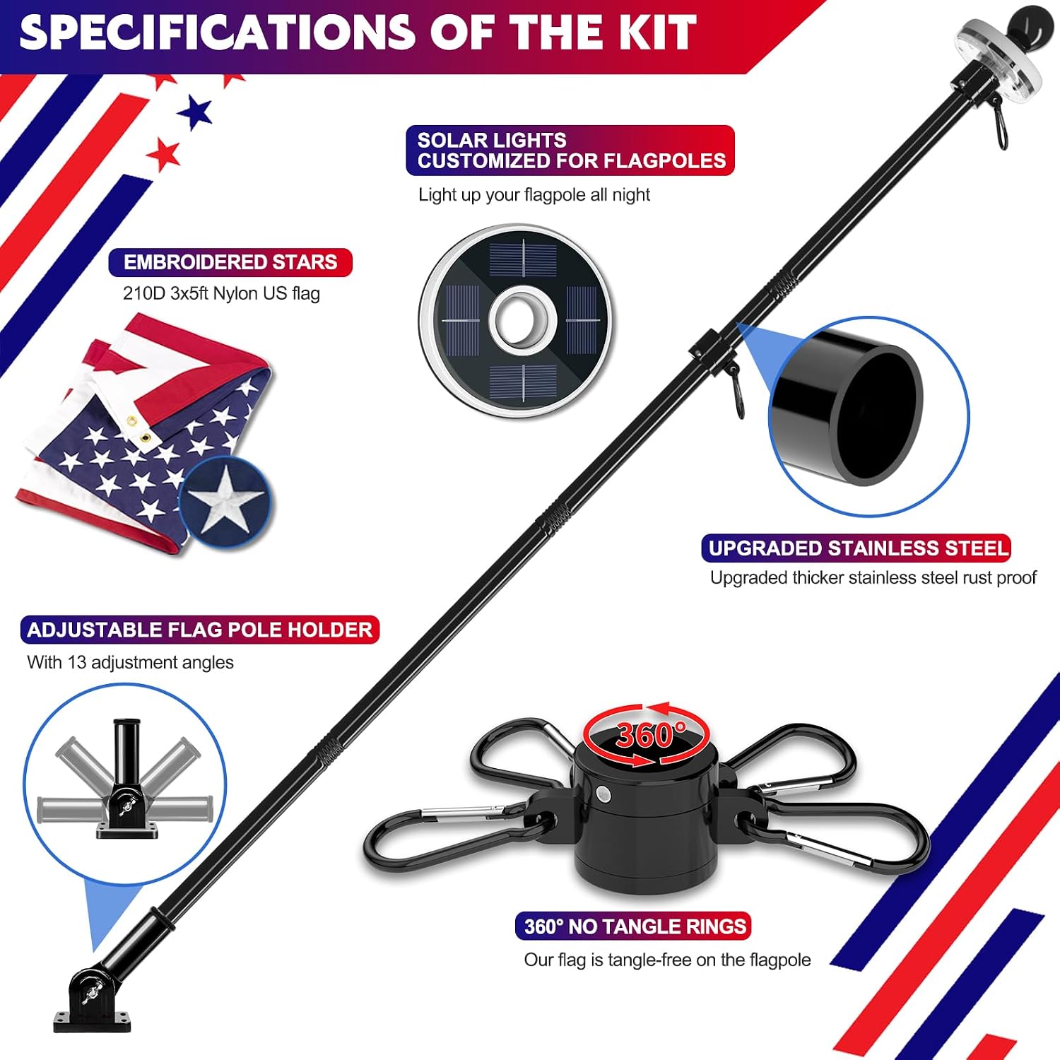ZMTECH 2 Pack 6FT Black Flag Pole Kit for Outside House with Solar Light & American Flag, 180° Adjustable Bracket and