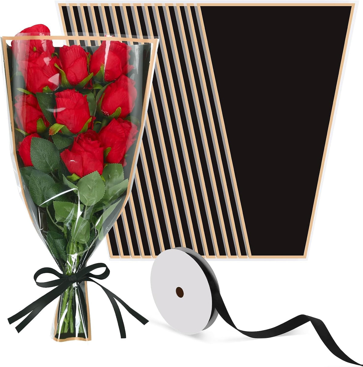 Jansun 40 Pcs Flower Wrapping Bags with Ribbon for Bouquet Packaging