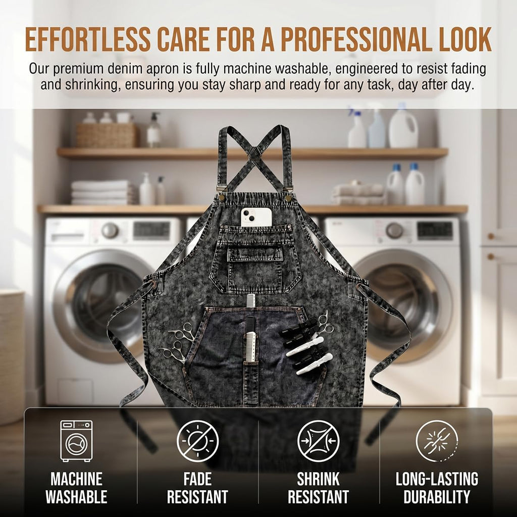 Denim Apron with Pockets for Hair Stylist Cross Back Men Women | Gardening Craftsmen Barista Hairdresser Jean Work