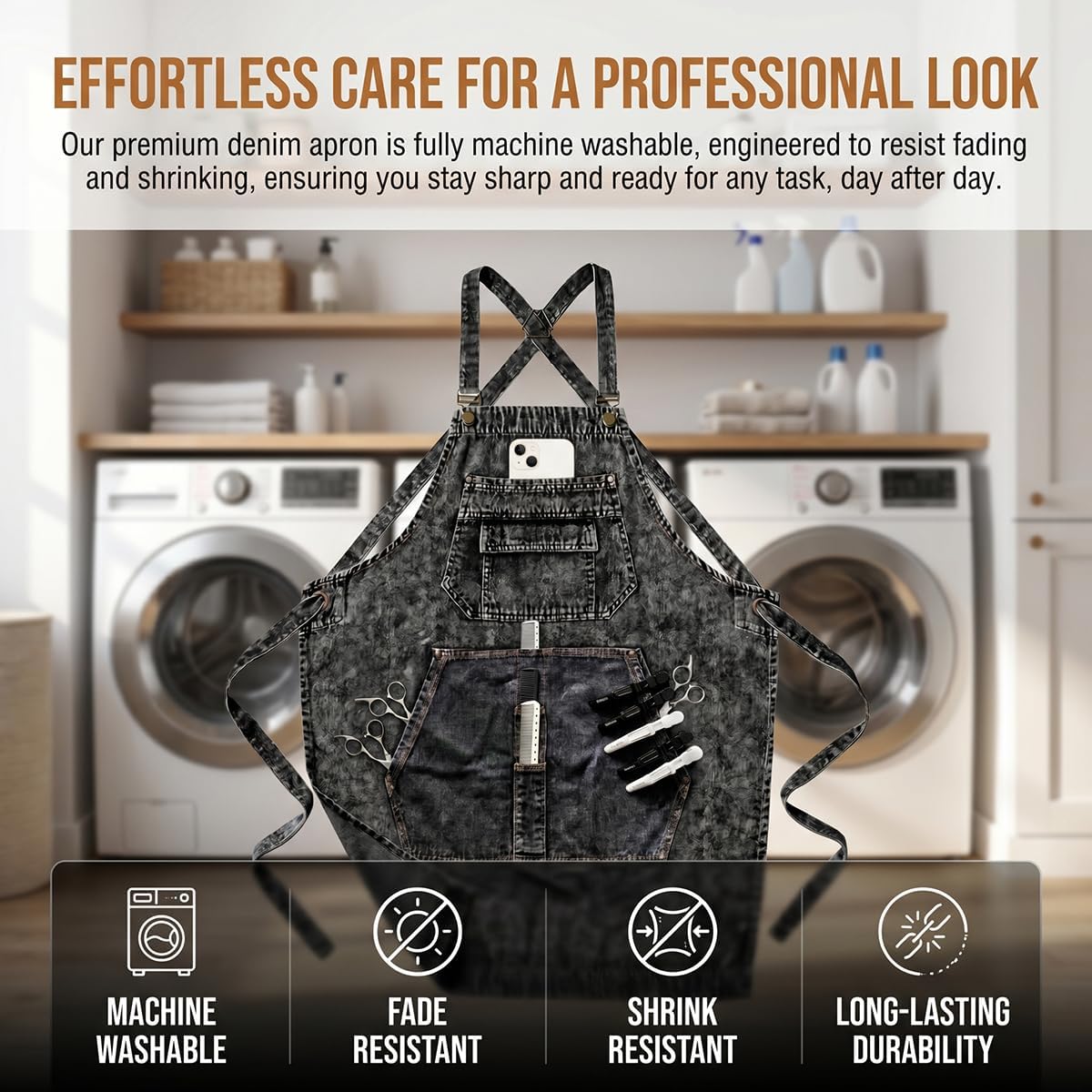 Denim Apron with Pockets for Hair Stylist Cross Back Men Women | Gardening Craftsmen Barista Hairdresser Jean Work