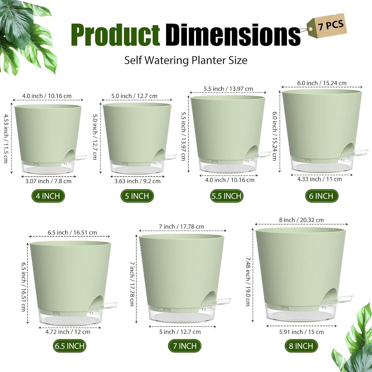 Plant Pots 4/5/5.5/6/6.5/7/8 Inch Self Watering Pots, 7 Pack Plastic Planters with Drainage Holes and Clear