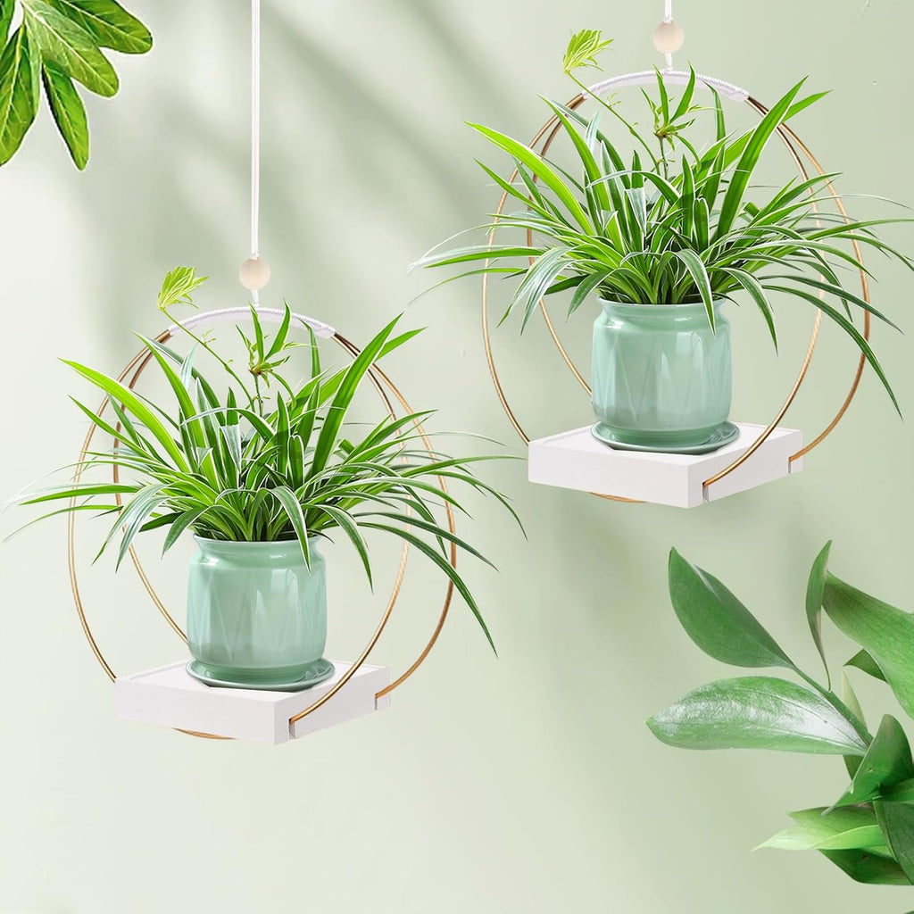 hismocal 2 Pack Hanging Planter Holder for Indoor Plants, Plant Hanger with Sturdy Wood Base,Modern Boho Macrame Wall