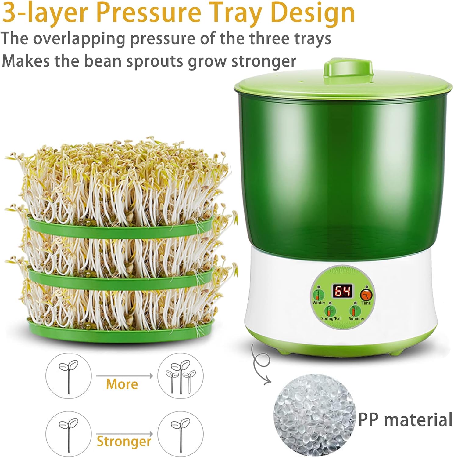 Bean Sprouts Machine, Seed Sprouter Kits, LED Display Time, Intelligent Automatic Bean Sprouts Maker, 3 Layers Function