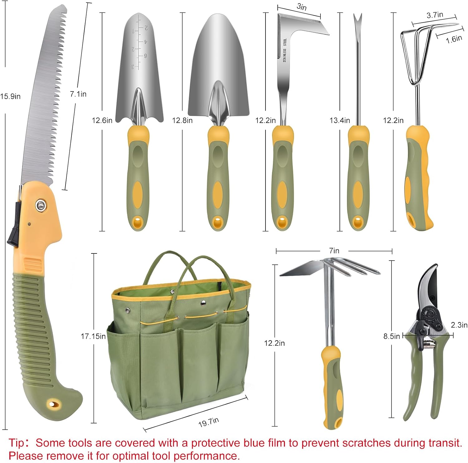 Garden Tool Set, WisaKey 9 Piece Stainless Steel Heavy Duty Gardening Hand Tools Durable Garden Tool Bag Gardening