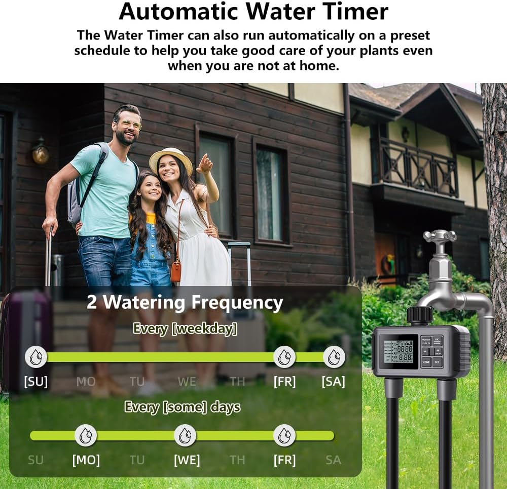 Uzoli 2-Zone Sprinkler Timer for Garden Hose, Programmable Water Timer | Automatic & Manual Mode, Rain Delay, IP55