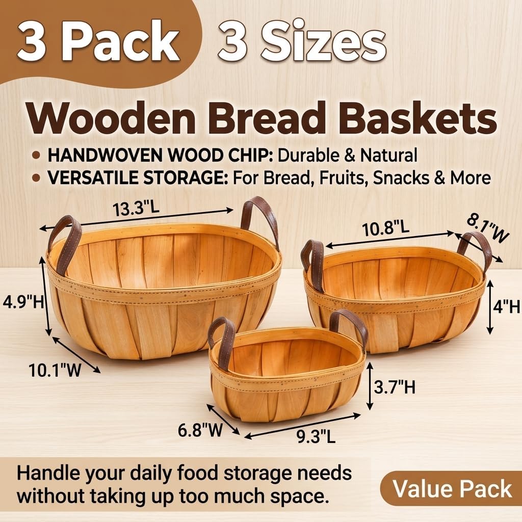 Goaste 3 Pack Wooden Bread Baskets, Wood Chip Picnic Basket with Handles, Handmade Woven Harvest Basket Holder, Rustic