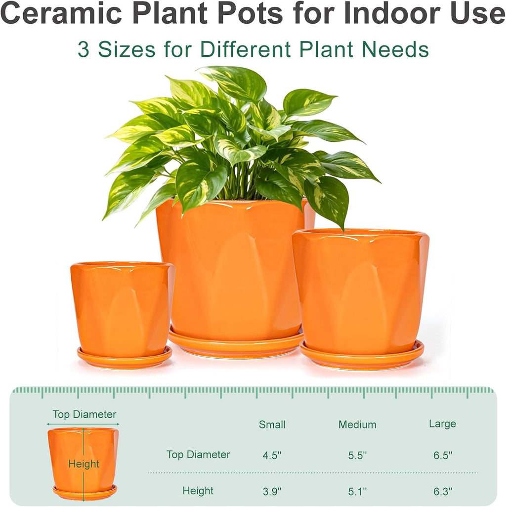 Ceramic Plant Pots Set of 3, Indoor Planter with Drainage Holes and Saucers | Orange Flower Pots for Indoor Plants