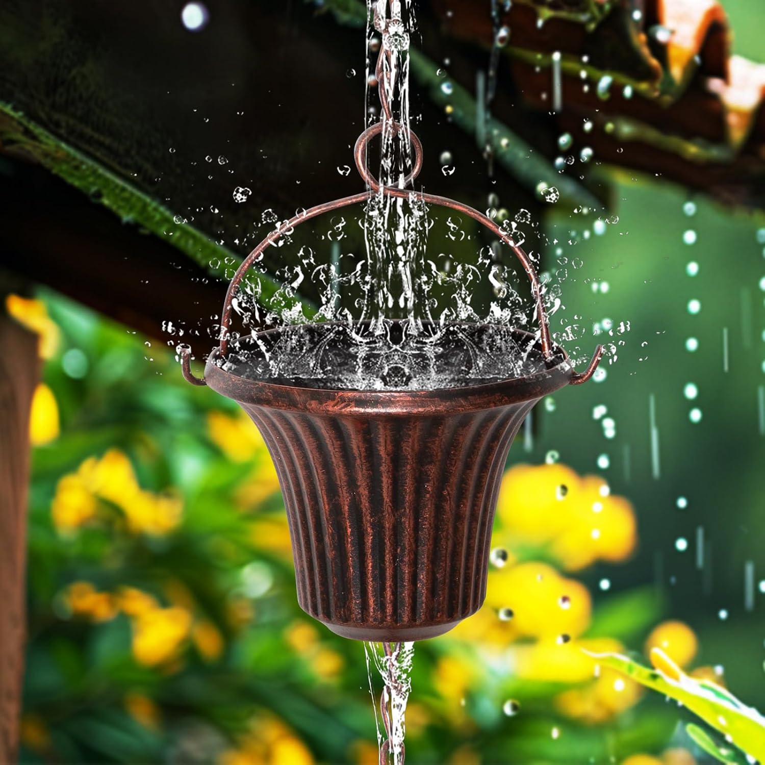 12.4FT Rain Chain for Gutters and Outdoor Drainage with 12 Cups | Iron Red Copper Cup Design, Adjustable Length, Easy