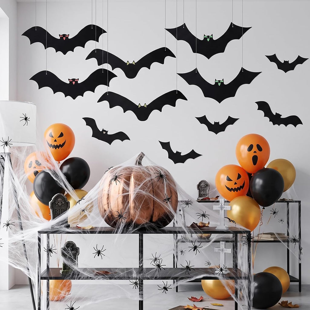 12pcs Halloween Hanging Bats | 1200 sqft Halloween Spider Webs and 50pcs Fake Spiders | Super Stretch Cobwebs Party Decorate for Halloweens Theme Indoor and Outdoor Decoration
