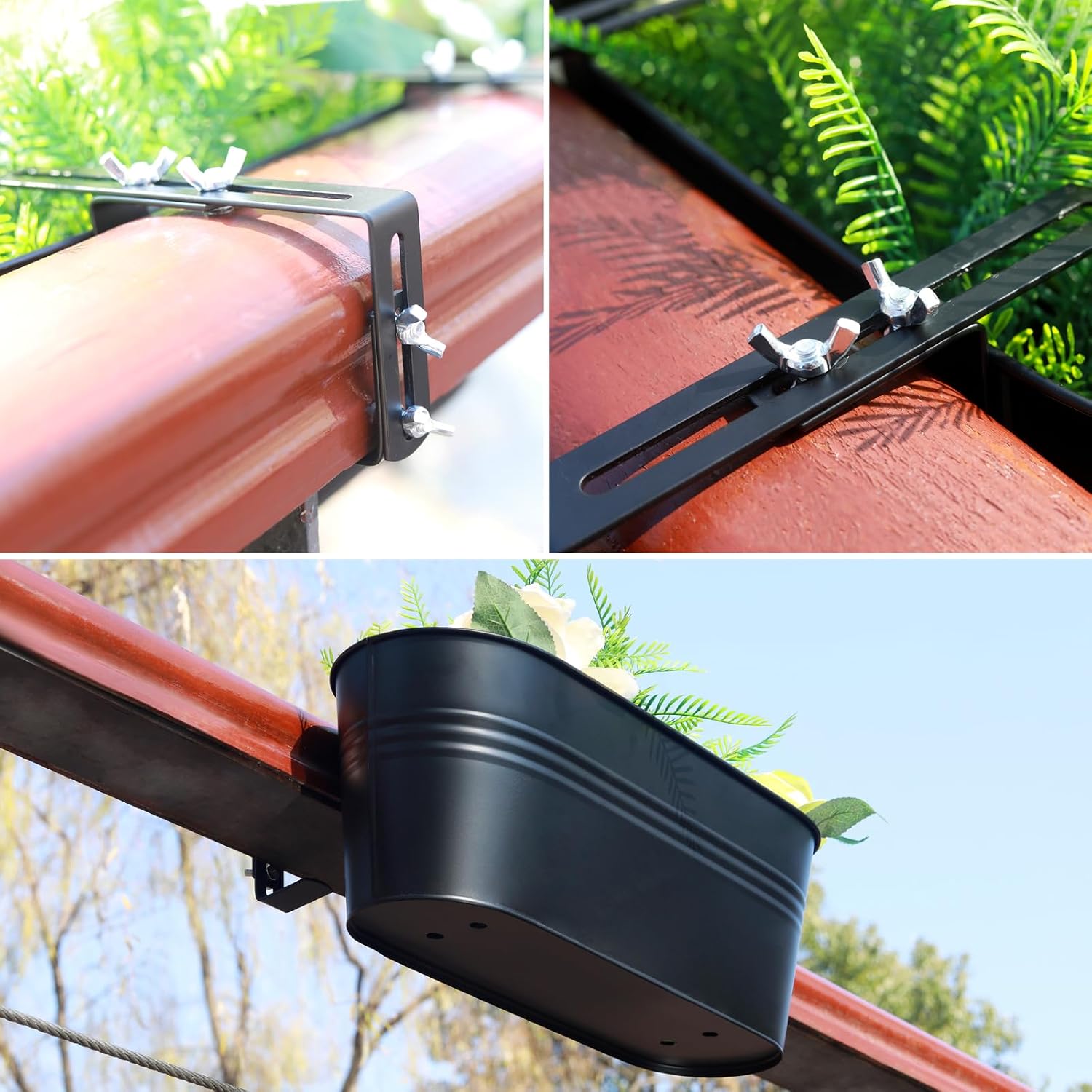 Railing Planter Box 16 Inch Metal Balcony Planters with Adjustable Brackets and Drainage Window Balcony Fence Deck