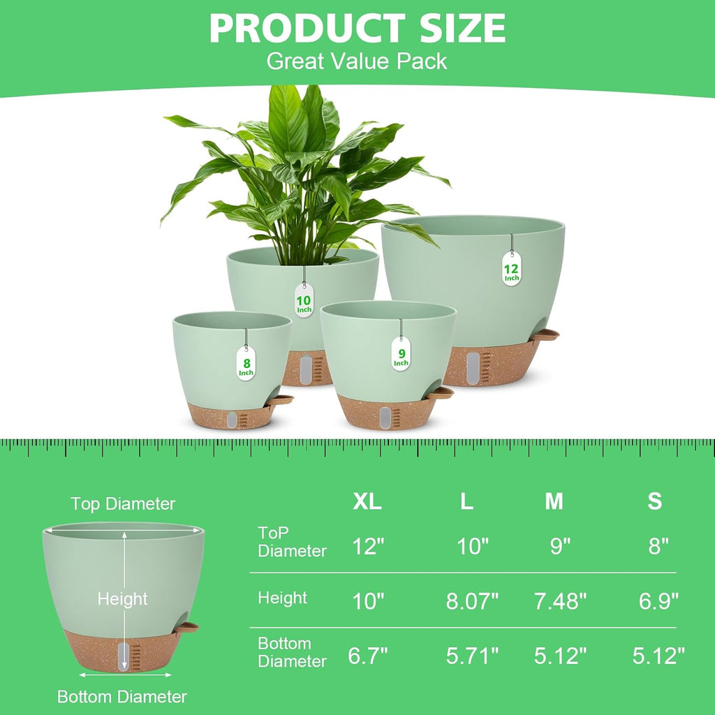 Self Watering Planter for Indoor Plants, 12" 10" 9" 8" Plastic Large Flower Pot Set with Water Level Indicator Deep