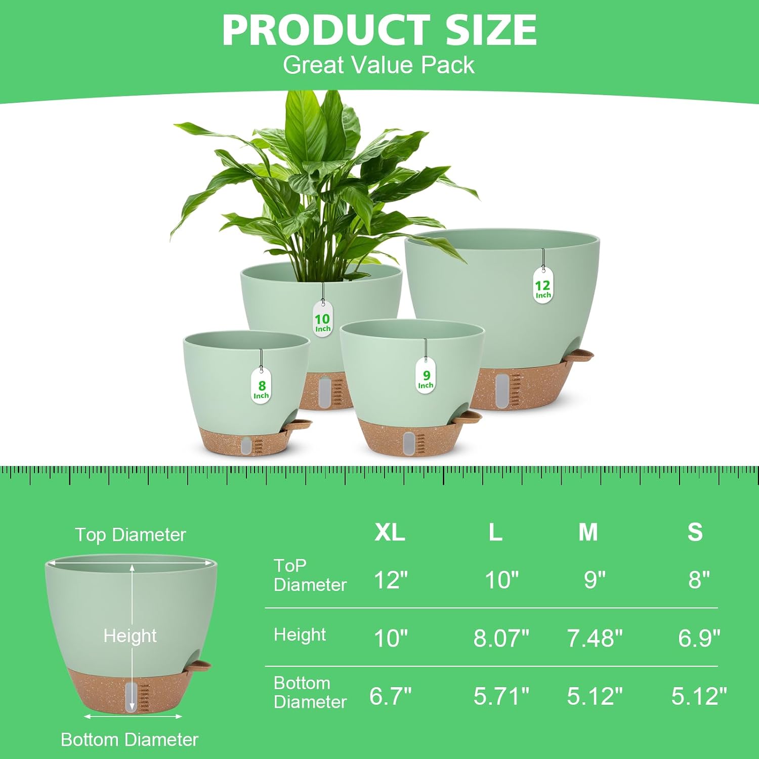 Self Watering Planter for Indoor Plants, 12" 10" 9" 8" Plastic Large Flower Pot Set with Water Level Indicator Deep