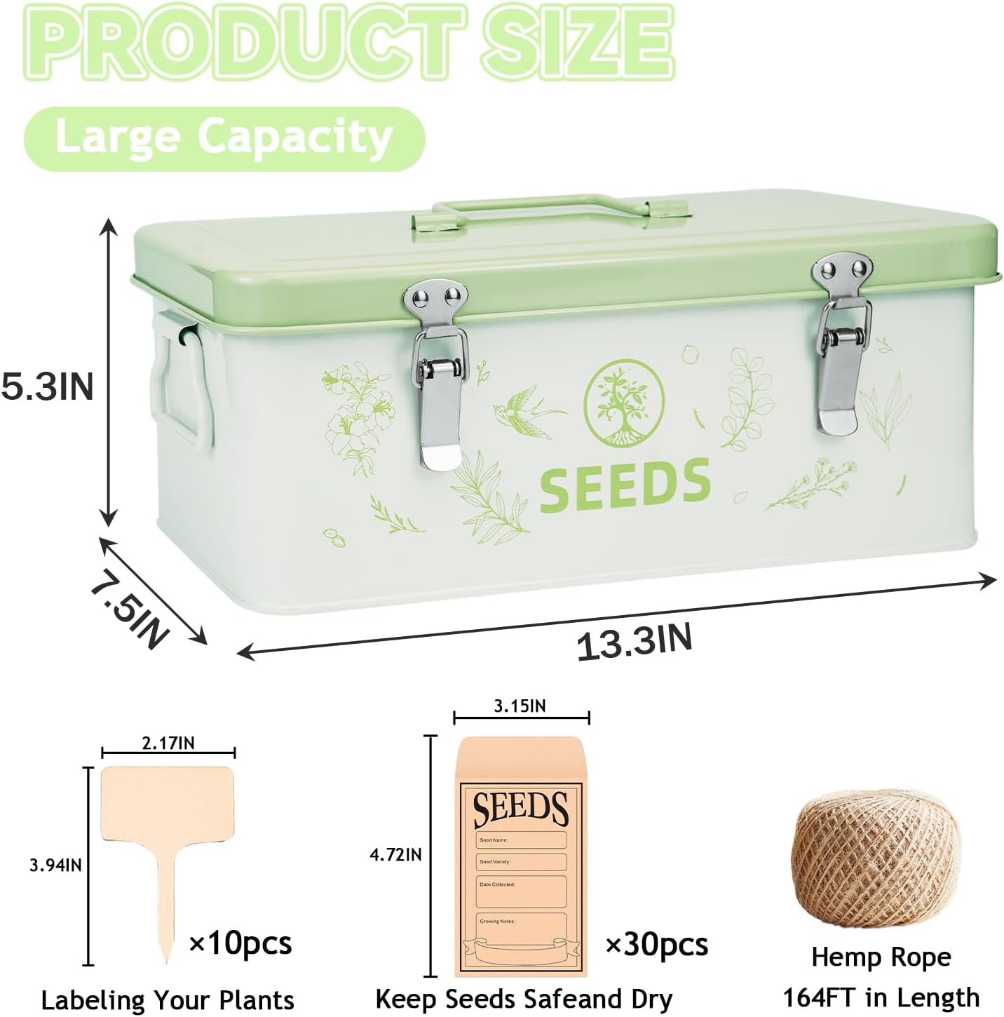 Seed Storage Box, Seed Storage Organizer with Garden String, 30 Seed Envelopes and Bamboo Plant Labels, 4 Compartments