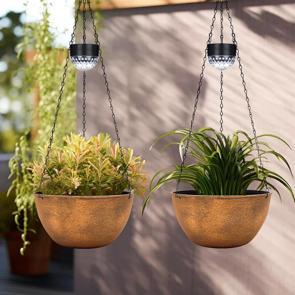BAYN 2 Packs Solar Hanging Basket Planters for Plants Outdoor | Self Watering, Bronze Flower Pots with Solar Light