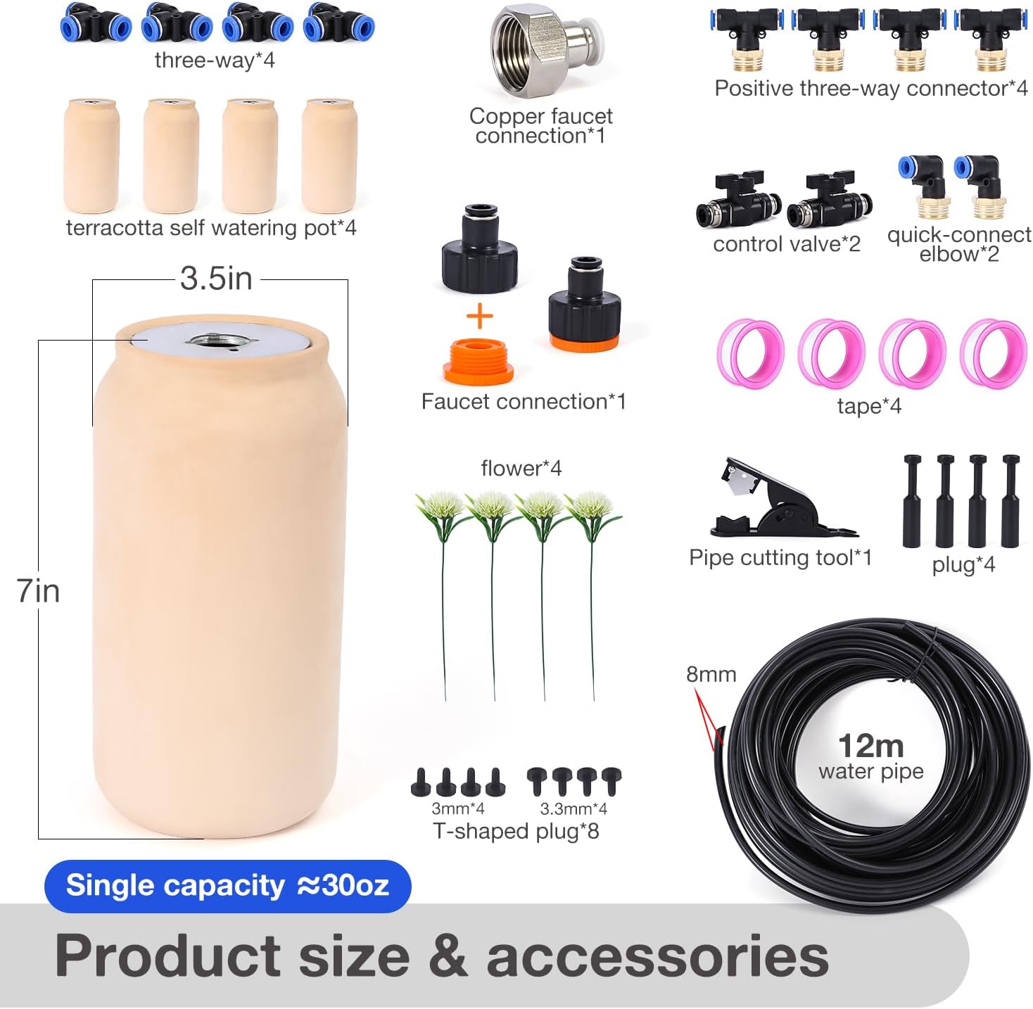 4pcs 3.5x3.5x7in Classic Self-Watering Ollas Self Watering 30oz Terracotta Planter Automatic Drip Irrigation System for