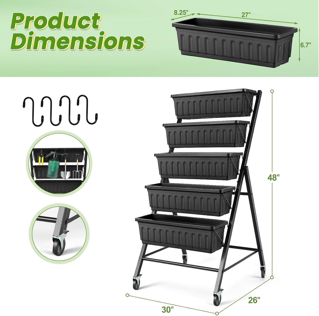 TEANDE Vertical Raised Garden Bed with Lockable Wheels, 5-Tier Elevated Planter Box w/Drainage System & 4 Hooks for