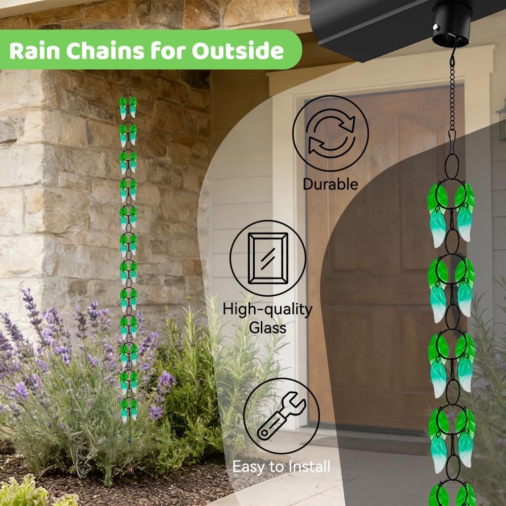 Rain Chains for Gutters Outside, 7.87FT Adjustable Glass Rain Catcher Chain | Heavy Duty Gutter Downspout Replacement