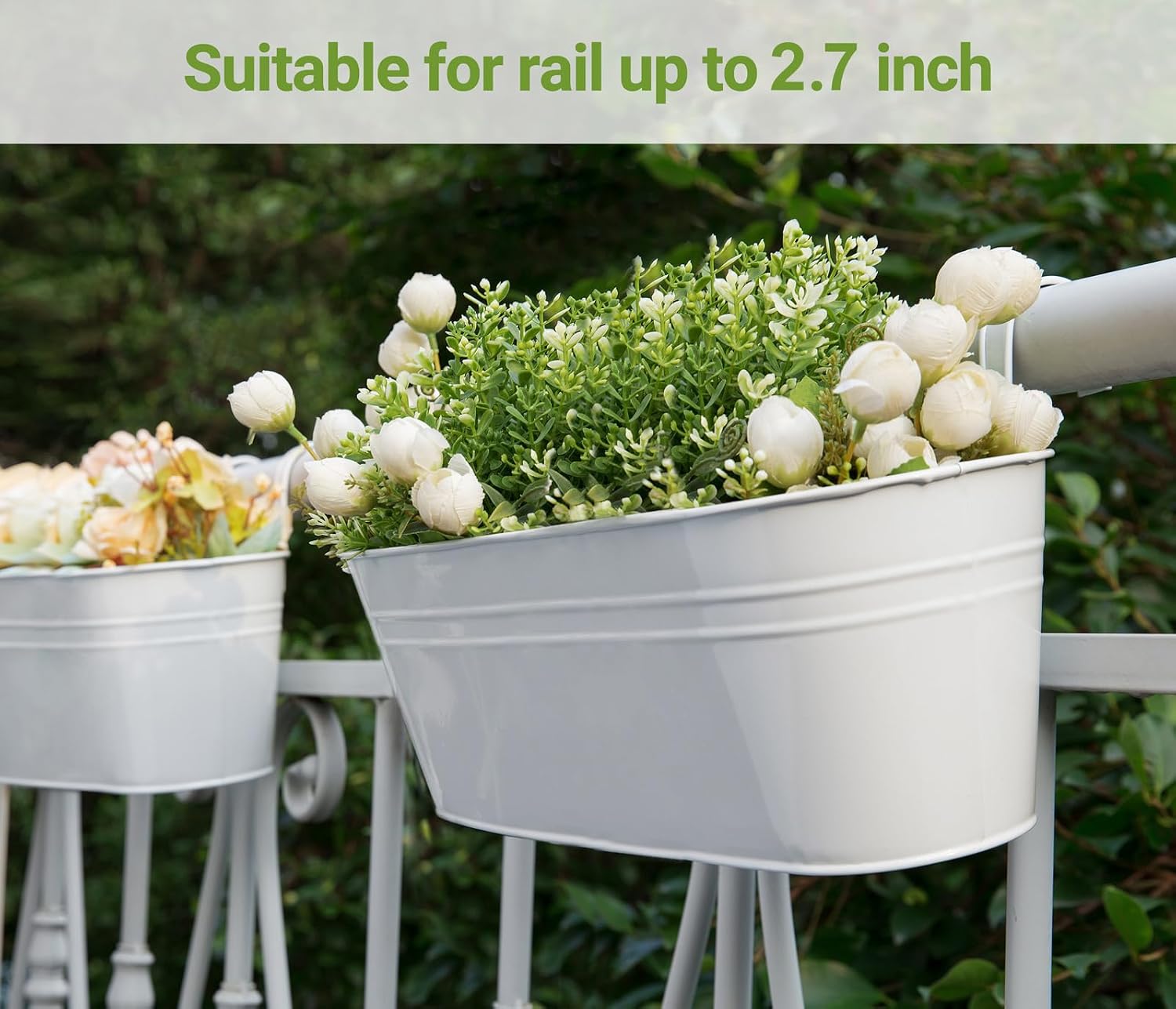 Dahey 15 Inches Railing Planter Box 4 Pcs Metal Hanging Flower Pots, White | 2.7" Width Detachable Hooks, Outdoor