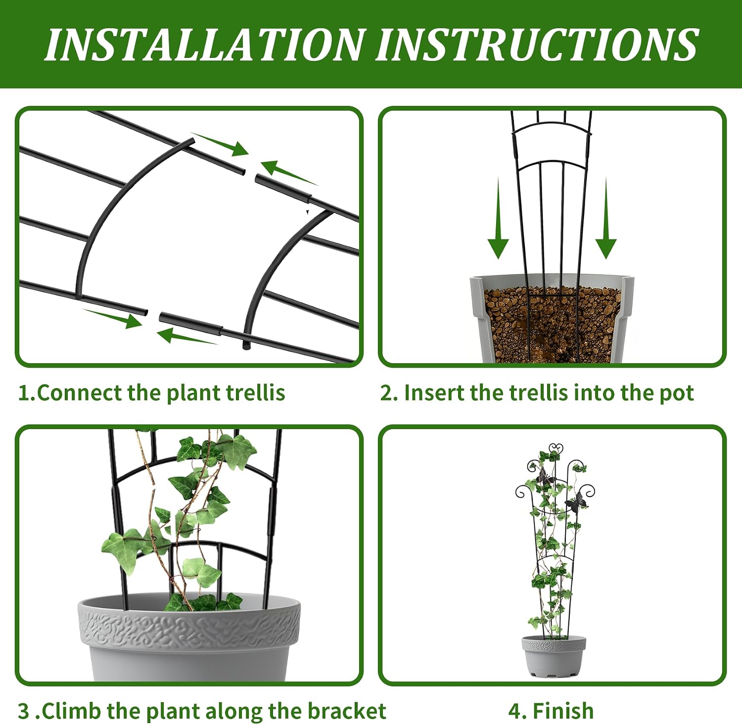 4 Pack Plant Trellis for Climbing Plants Indoor Outdoor, 33 Inch Expandable Metal Trellis for Potted Plants,Flowers