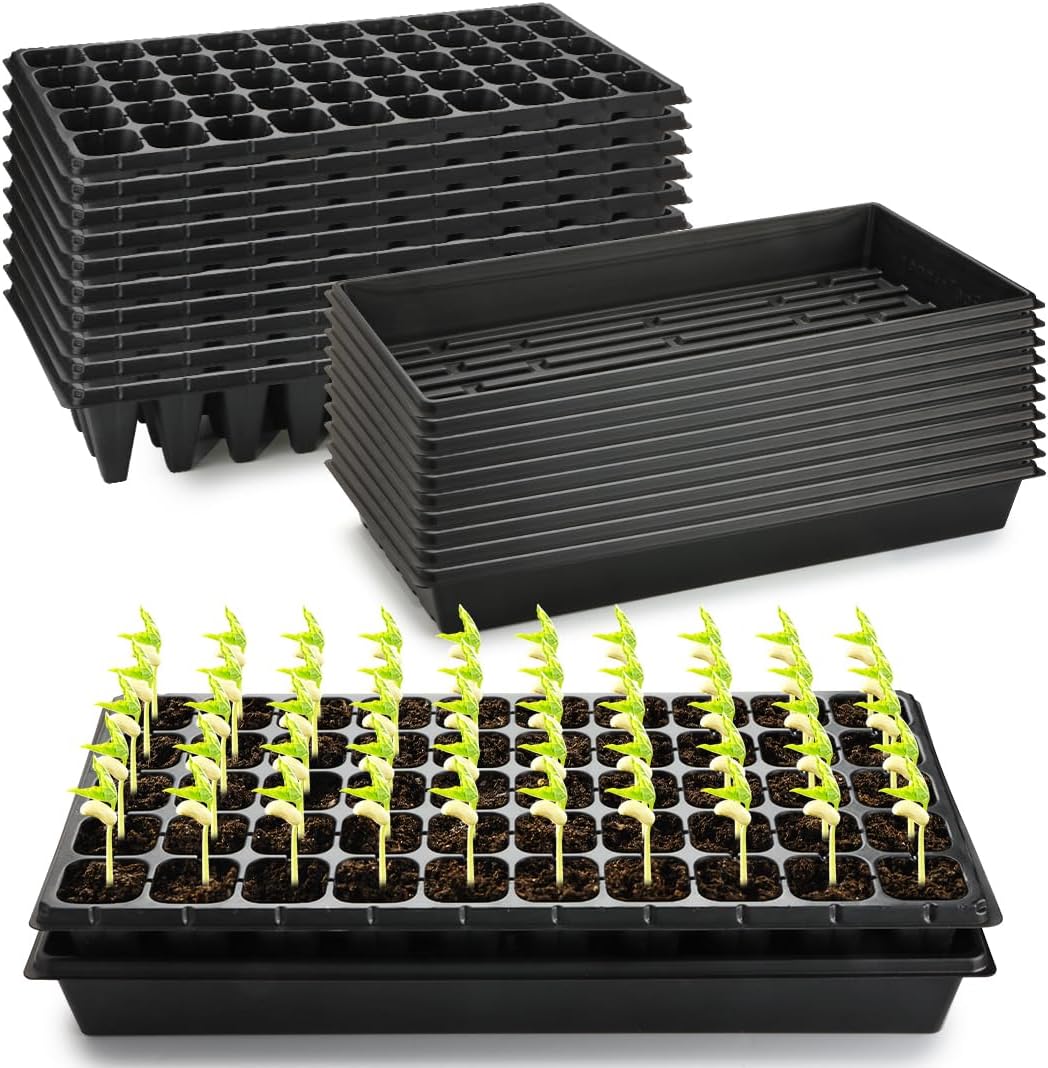 RooTrimmer 10 Pack 1020 Trays and 10 Pack 3.5" Deep 50 Cell Seed Starter Trays, 20" x 10" - Durable Plastic Nursery