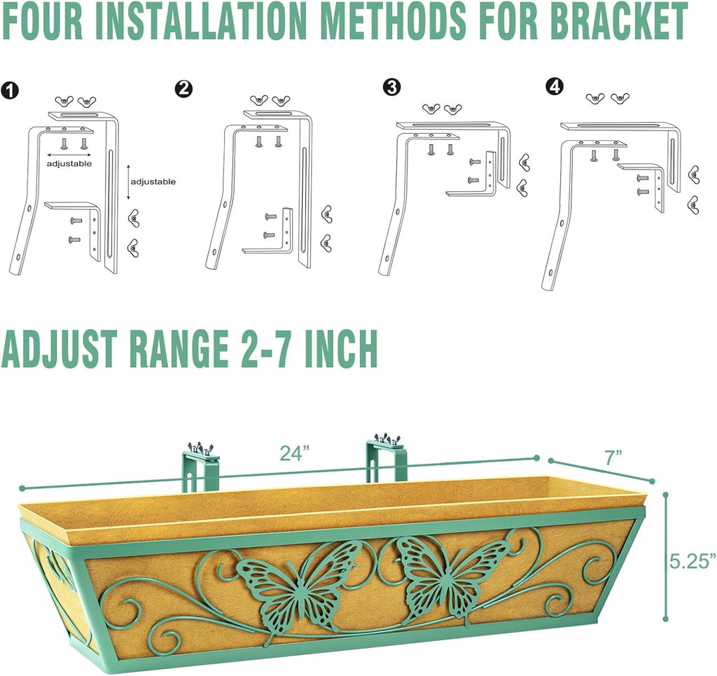 2 Pack 24 Inch Window Boxes Planter for Outdoor Plants Deck Railing Planters Box with Adjustable Brackets for Porch