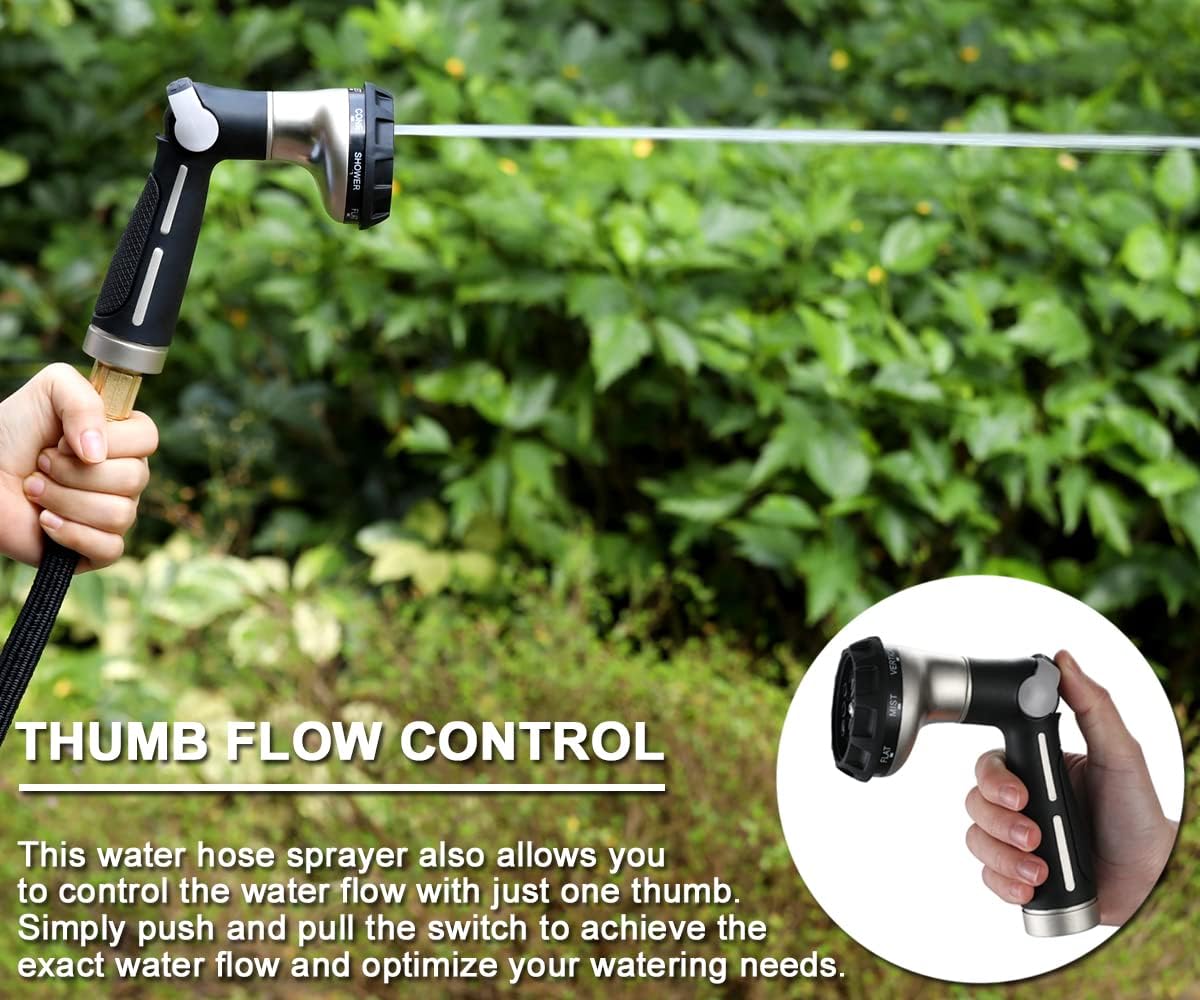 Garden Hose Nozzle Heavy Duty, 8 Patterns, Thumb On/Off Valve, Black | High pressure sprayer for watering plants, car