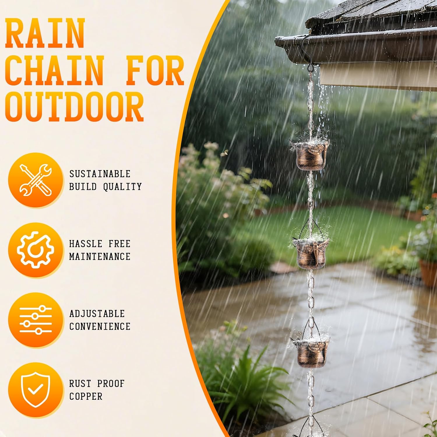 Metal Rain Chains for Gutters, Decorative Cup & Petal Rain Catcher Chains, Outdoor Garden Downspout Diverter Ornaments