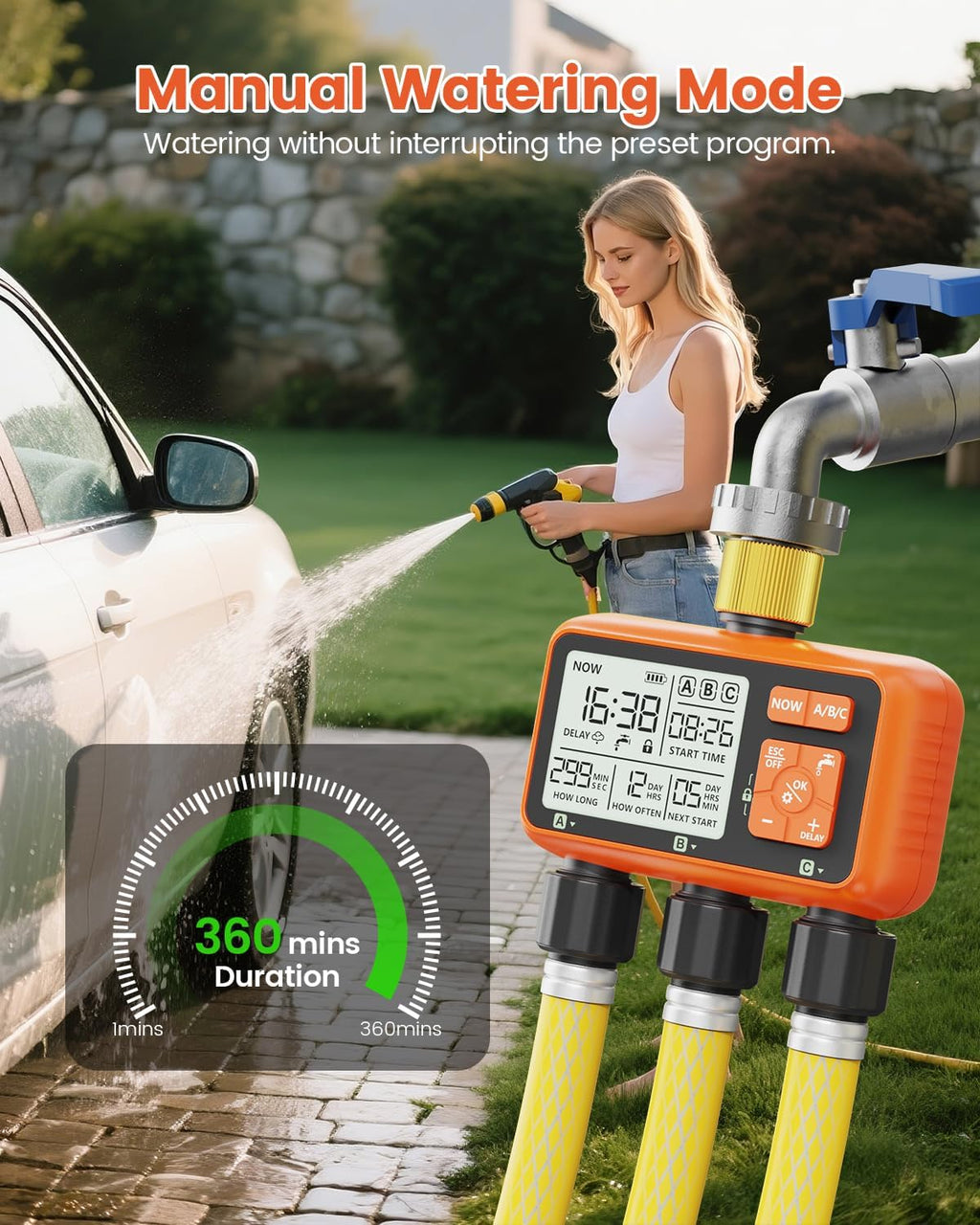 Sprinkler Timer 3 Zone with Brass Inlet Water Timer for Garden | Programmable Hose Faucet Controller with Independent