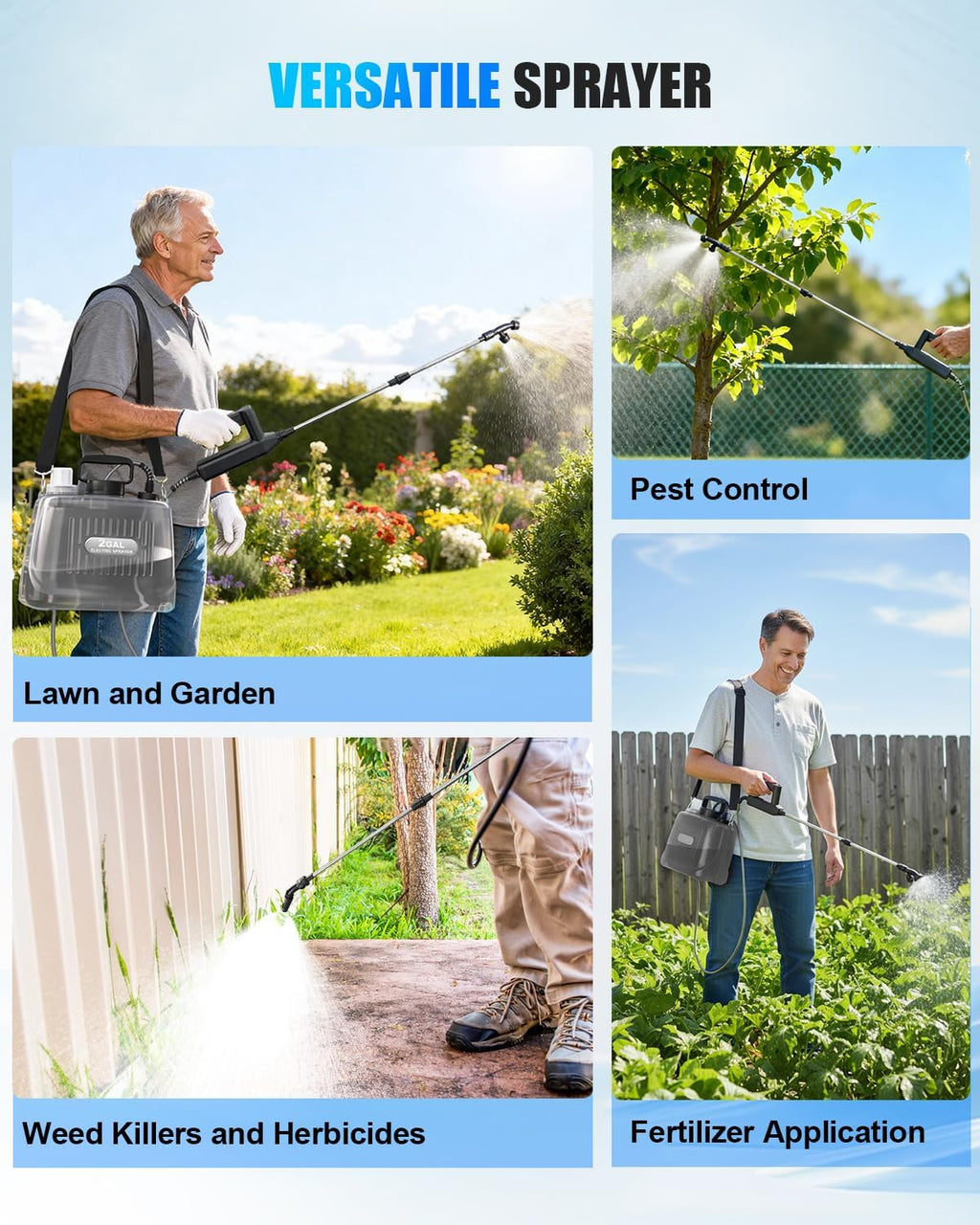 Battery Powered Sprayer 2 Gallon, Electric Weed Sprayer with 3 Adjustable Pressure Levels, 4 Nozzles & Extendable Wand